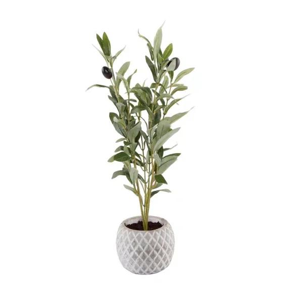 Flora Bunda 14 in. Faux Olive Branch in White Pineapple Pattern Cement Pot