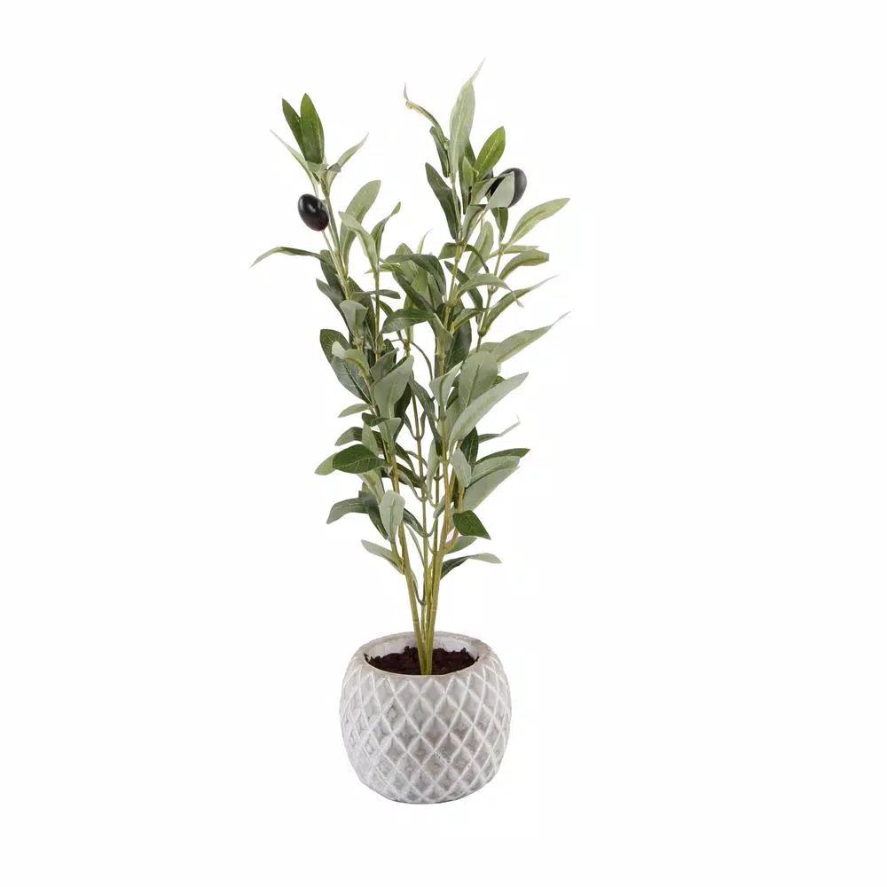 Flora Bunda 14 in. Faux Olive Branch in White Pineapple Pattern Cement Pot