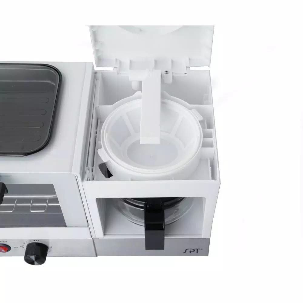 SPT 3-in-1 Breakfast Center 1450W Toaster Oven, Coffee Maker, and Griddle - White and Stainless Steel