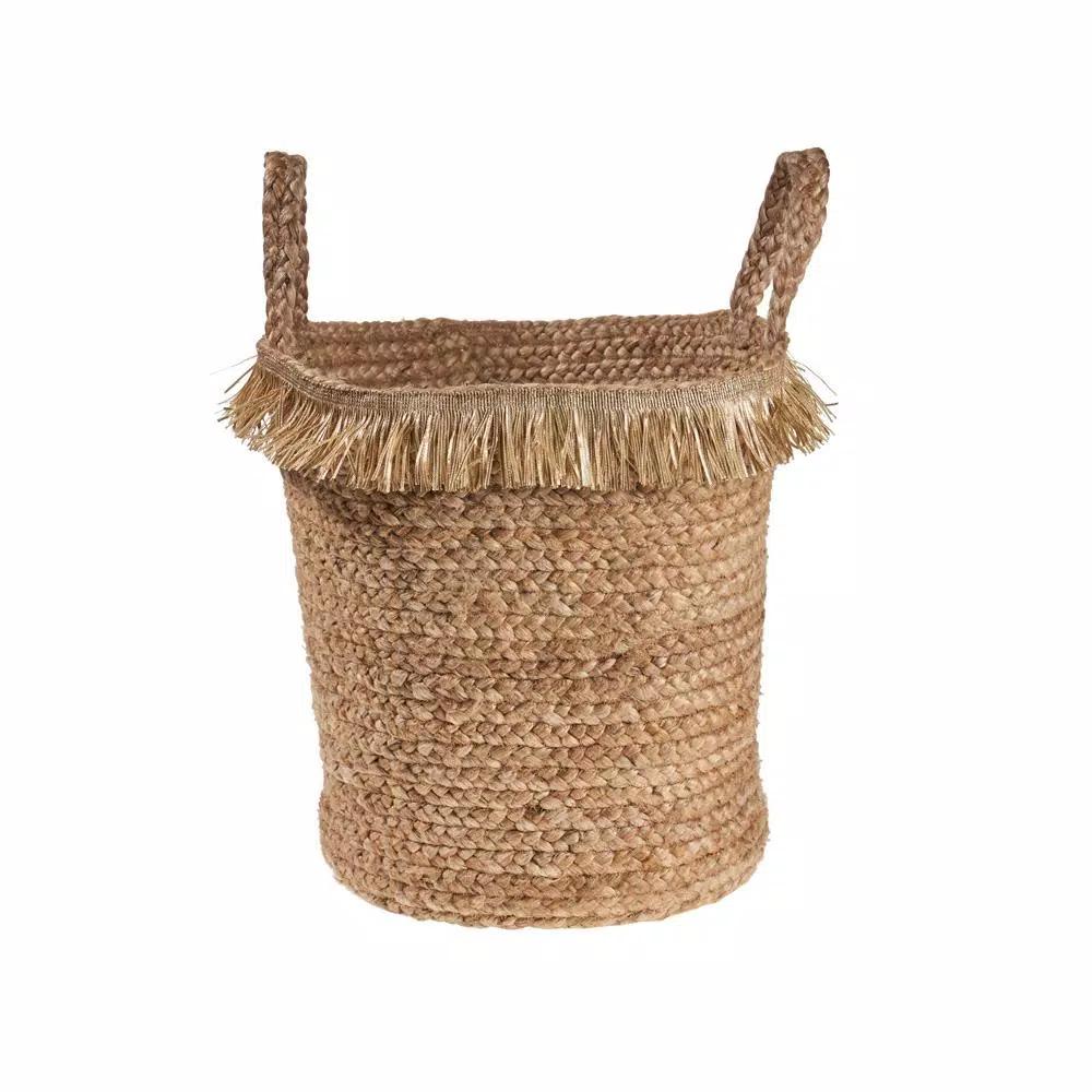 LR Home Claine Braided Jute Decorative Storage Basket with Fringe Rim and Handles