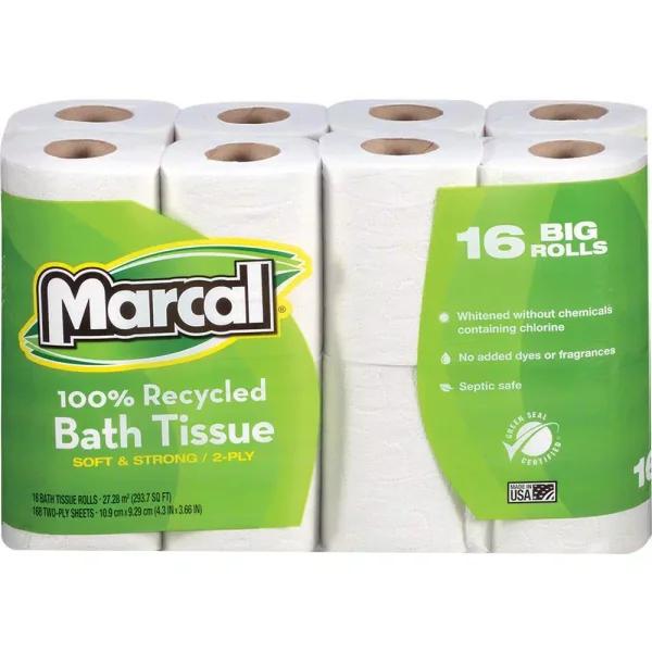 Marcal 100% Recycled 2-Ply Toilet Tissue, Soft & Absorbent, 168 Sheets Per Roll, 16 Rolls Pack