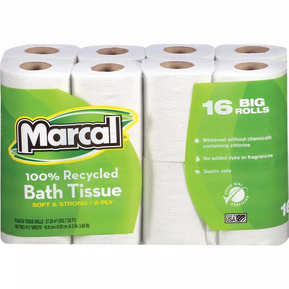 Marcal 100% Recycled 2-Ply Toilet Tissue, Soft & Absorbent, 168 Sheets Per Roll, 16 Rolls Pack