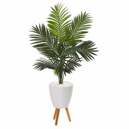 Nearly Natural 61 in. Paradise Palm Artificial Tree with White Planter and Wooden Stand thumbnail 1