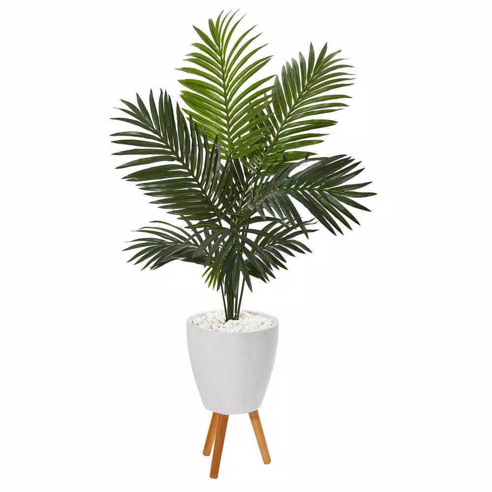 Nearly Natural 61 in. Paradise Palm Artificial Tree with White Planter and Wooden Stand