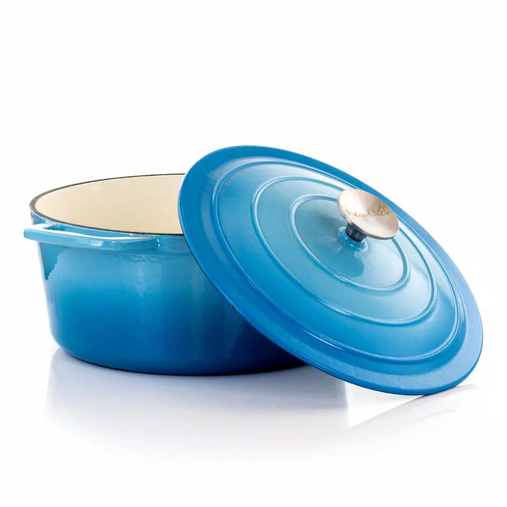 MegaChef 4 Qt. Round Enameled Cast Iron Casserole Dish with Lid, Blue