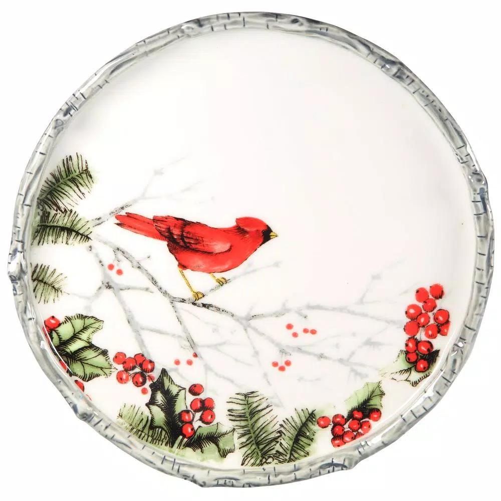 Home Essentials 12" Cardinal Holly Round Ceramic Serving Platter for Christmas
