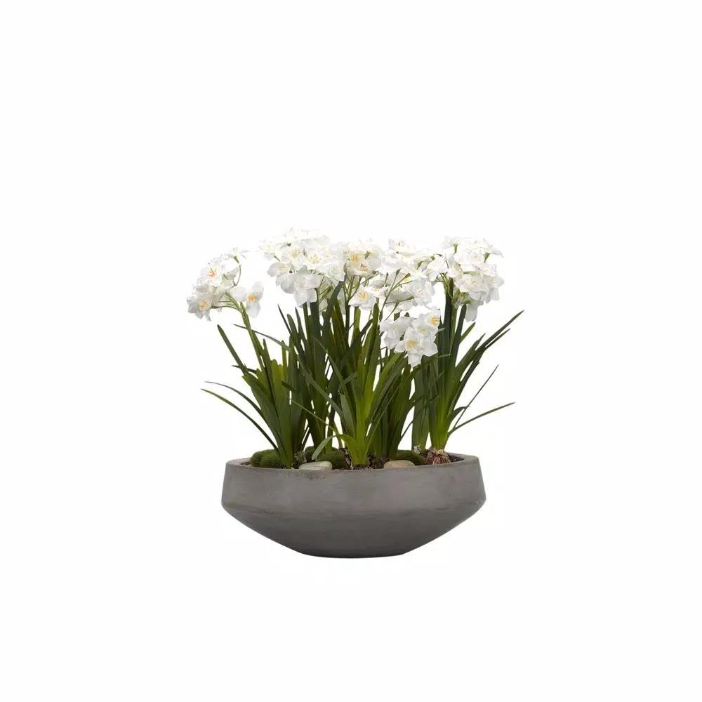 D&W Silks White Paper Bulb Faux Floral Arrangement in Grey Stone Bowl