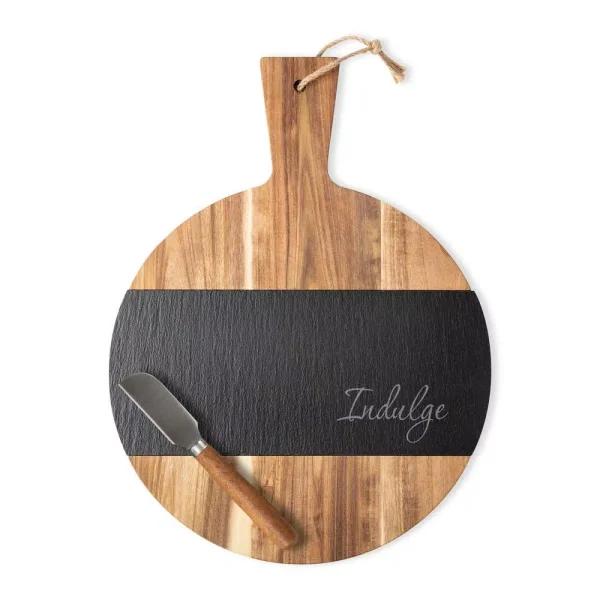Cathy's Concepts Indulge Round Acacia Wood and Natural Slate Serving Board with Cheese Knife