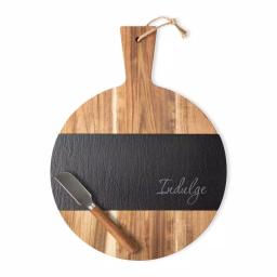 Cathy's Concepts Indulge Round Acacia Wood and Natural Slate Serving Board with Cheese Knife thumbnail 1