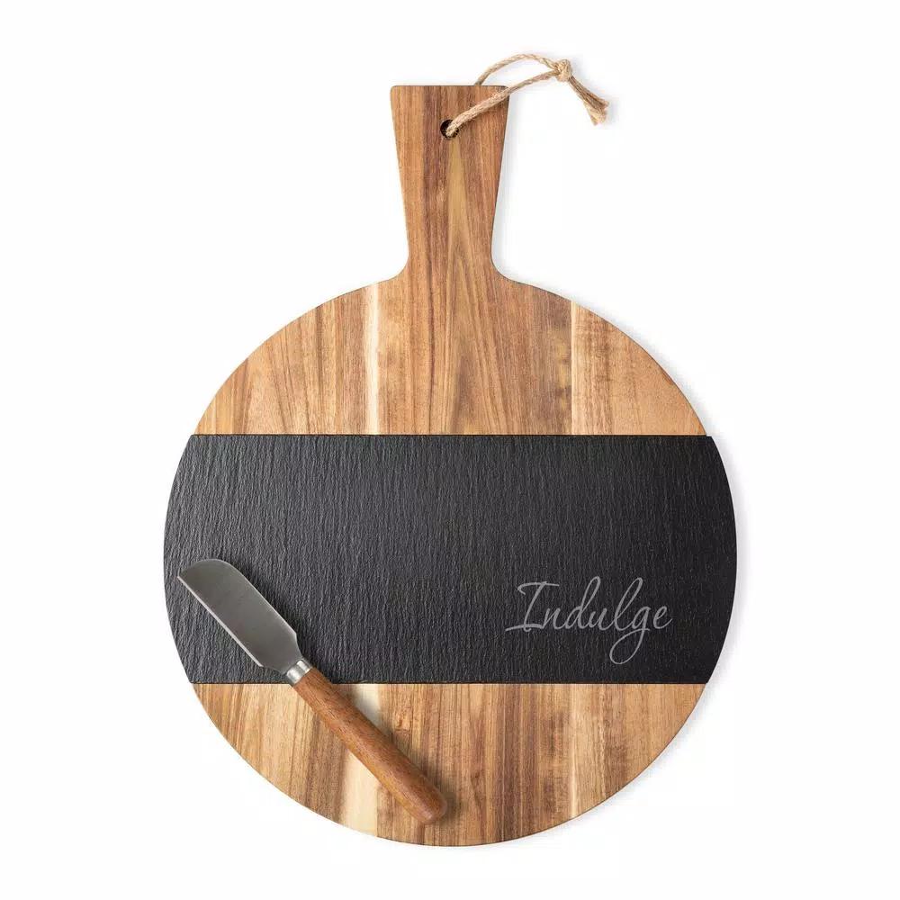 Cathy's Concepts Indulge Round Acacia Wood and Natural Slate Serving Board with Cheese Knife
