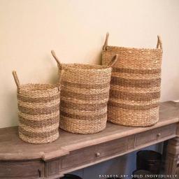 Zentique Handmade Woven Seagrass and Palm Leaf Wicker Basket with Handles, Medium, Beige and Brown Striped thumbnail 1