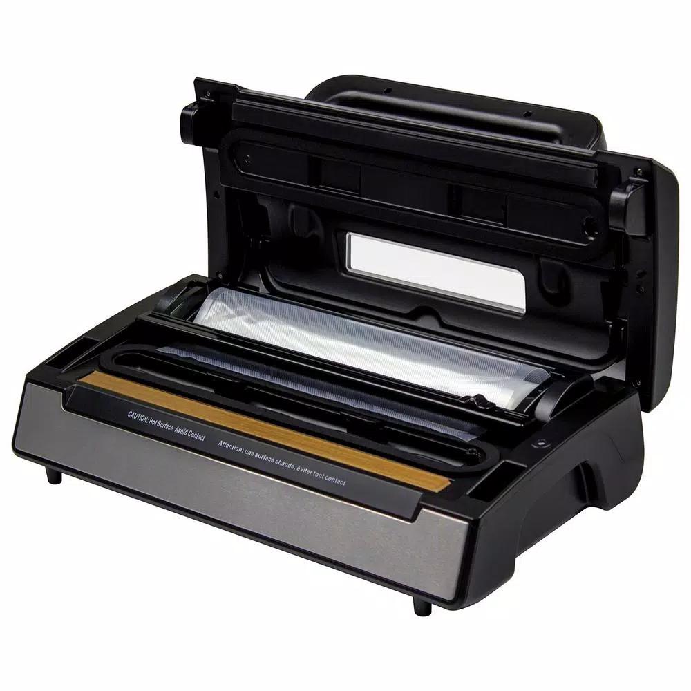 Nesco Deluxe Vacuum Sealer, 130W Double Vacuum Pump with Bag Cutter and Roll Storage, Black and Silver