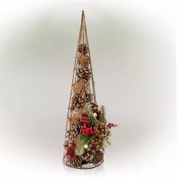 Alpine Corporation 20 in. Rustic Pinecone Christmas Tree Decor with Holly and Plaid Bow thumbnail 6