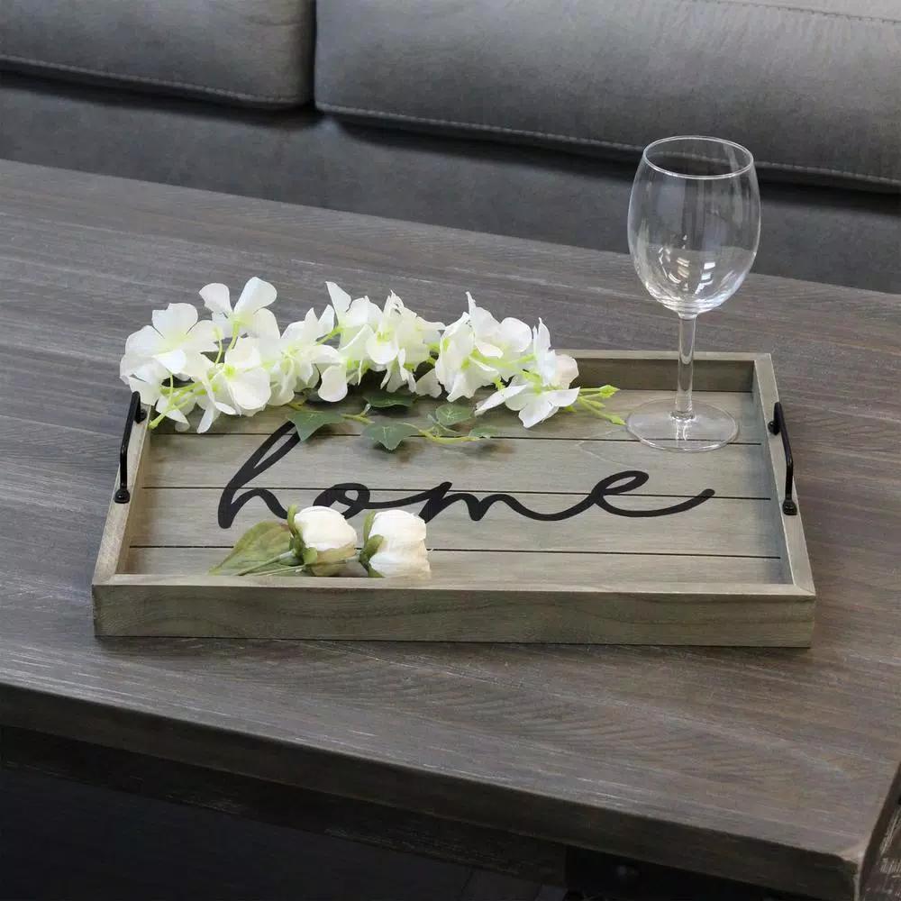 Elegant Designs Rustic Gray Wooden Decorative Serving Tray with Black Metal Handles