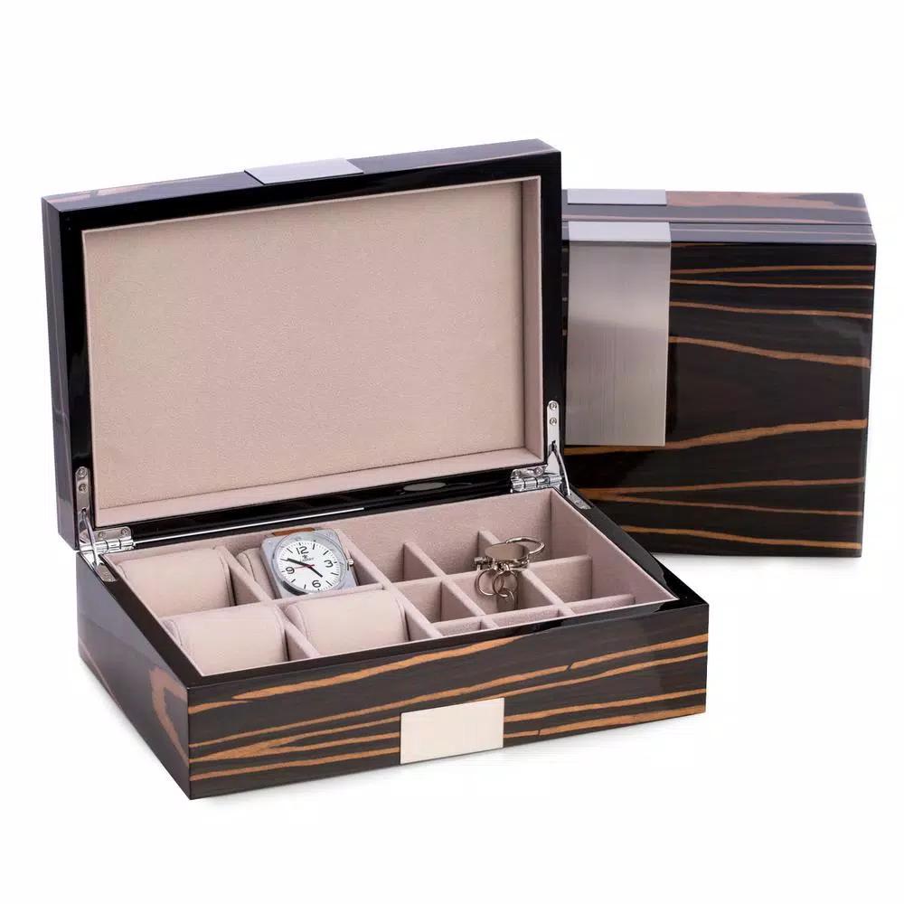 BEY-BERK Mateo Lacquered Ebony Burl Wood Valet Box with Stainless Steel Accents