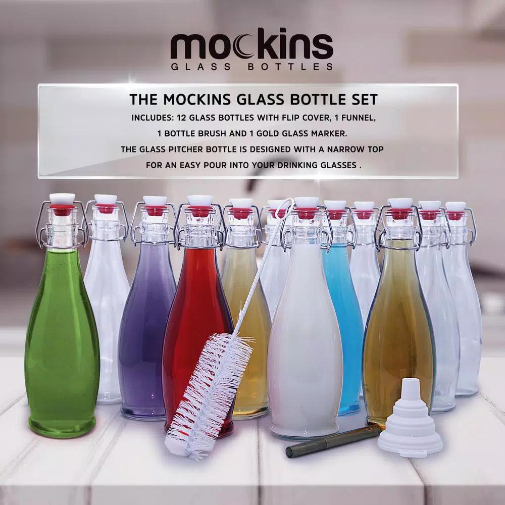 Mockins 17 oz. Glass Bottles with Swing Top Stoppers, Funnel, Brush, and Gold Marker (Set of 12)