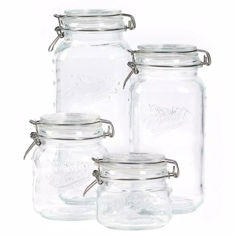MASON CRAFT & MORE 4-Piece Embossed Glass Mason Jar Set - Airtight Kitchen Canisters