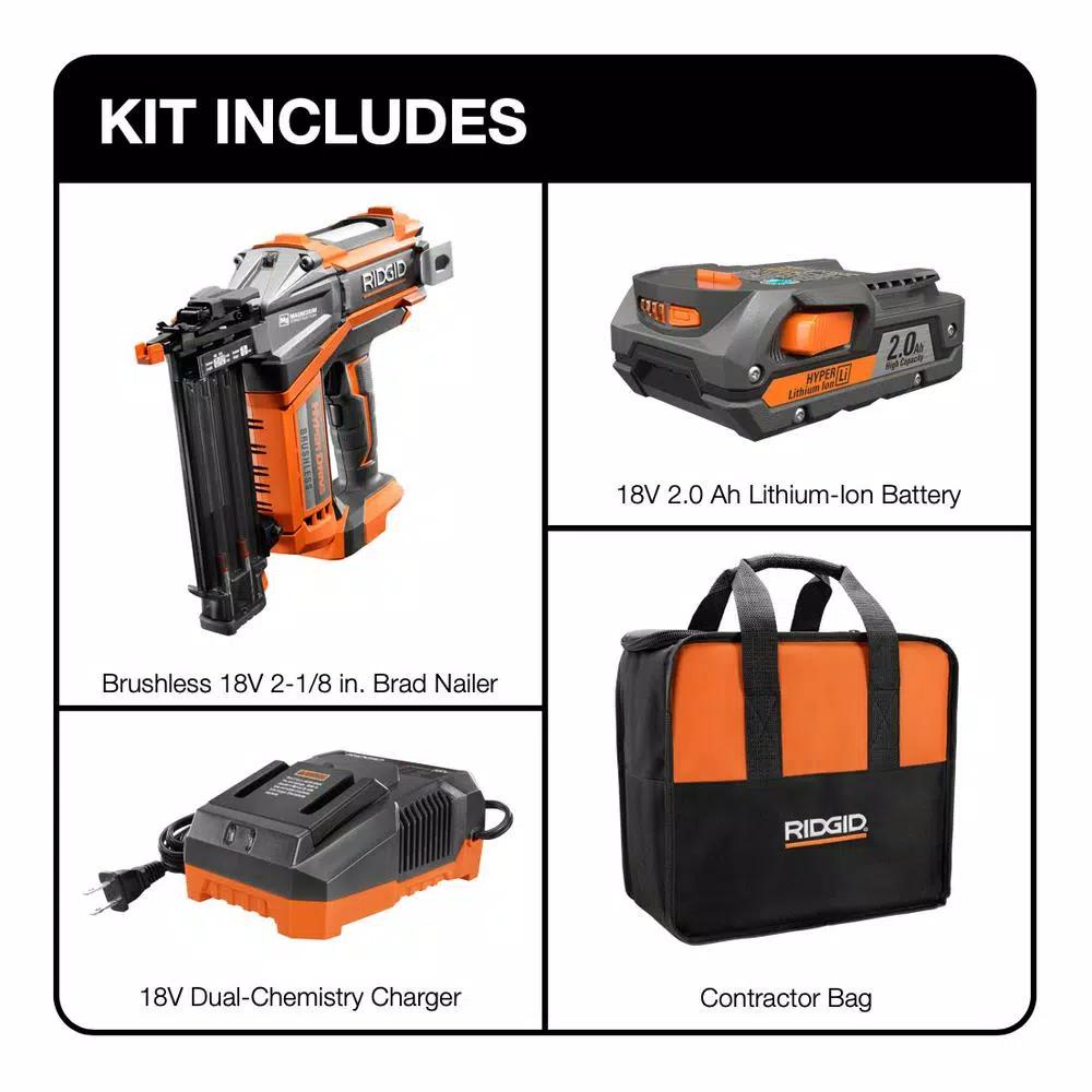 RIDGID 18V Brushless HYPERDRIVE 18-Gauge 2-1/8 in. Cordless Brad Nailer Kit