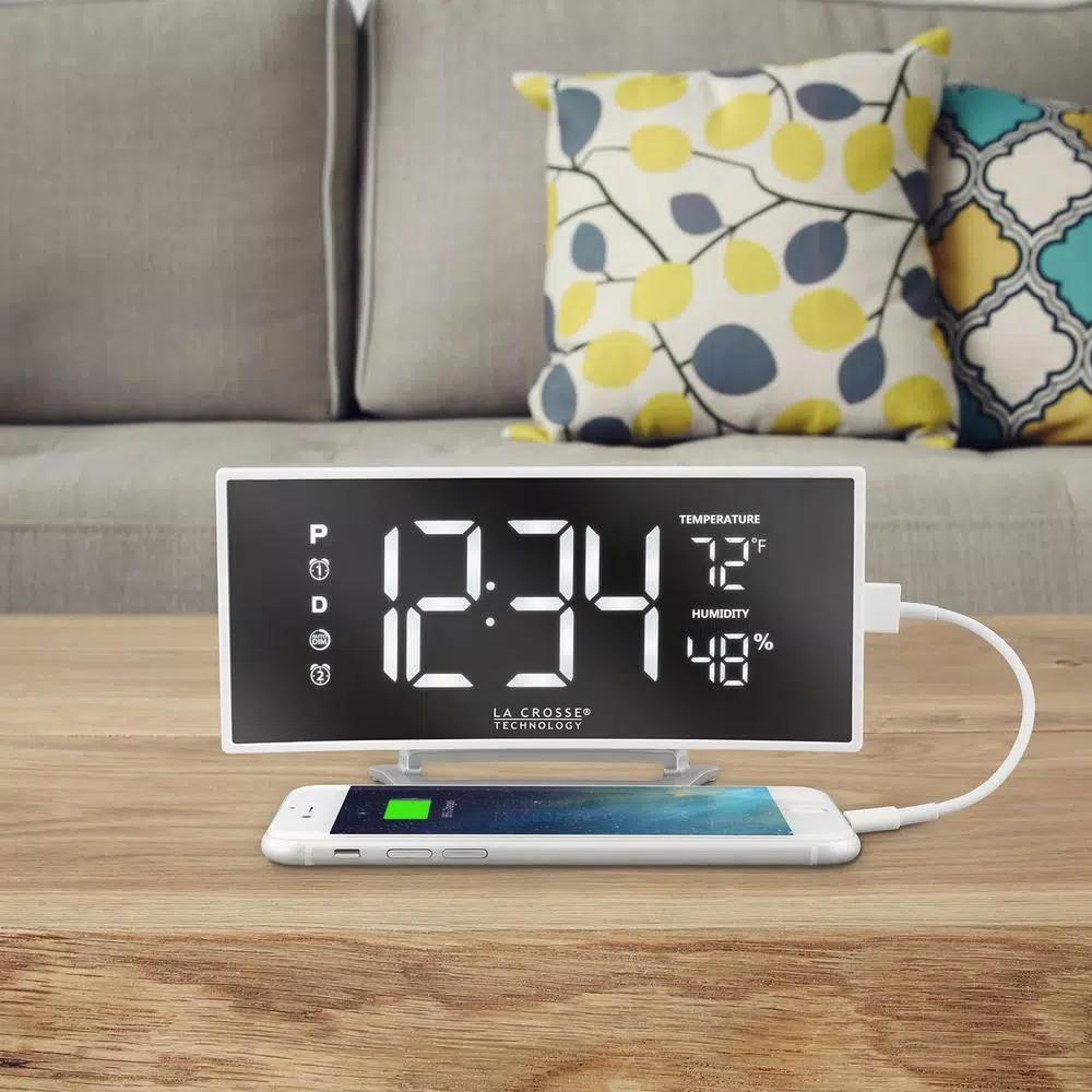 La Crosse Technology Curved Mirror LED Digital Alarm Clock with Temperature, Humidity, and USB Charging Port