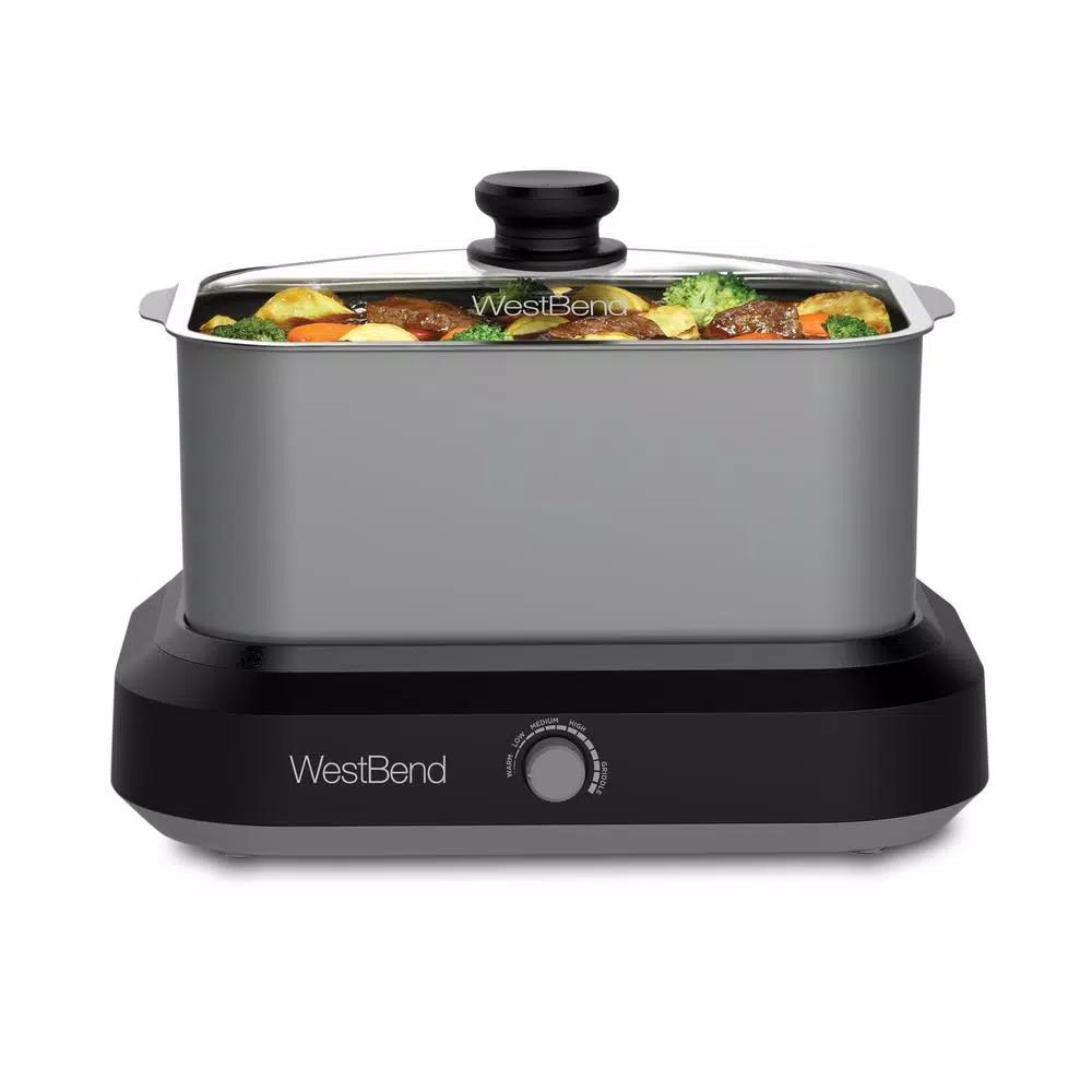 West Bend 6 Qt. Silver Non-Stick Versatility Slow Cooker with Griddle Base, Travel Lid, and Thermal Tote