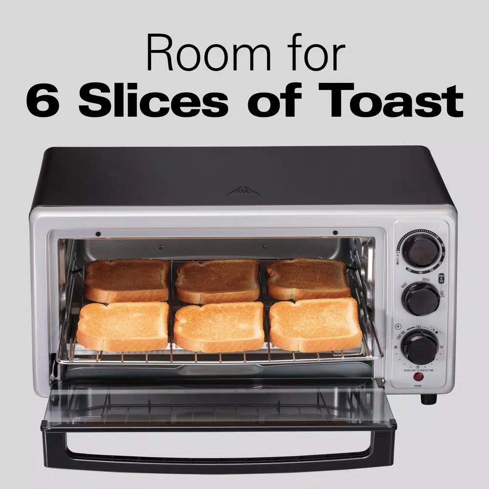 Proctor Silex 1500-Watt 6-Slice Silver Toaster Oven with Toast, Bake, and Broil Settings
