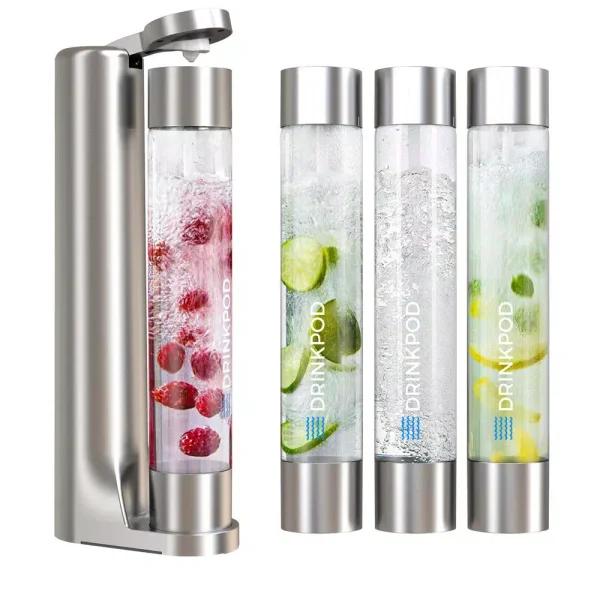 Drinkpod FIZZPod Silver One-Touch Sparkling Soda Maker Machine with 3 PET Bottles