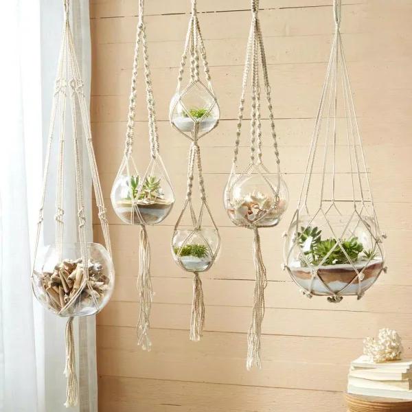 Two's Company Handcrafted Macrame Plant Hangers with Clear Glass Bowls, Set of 5
