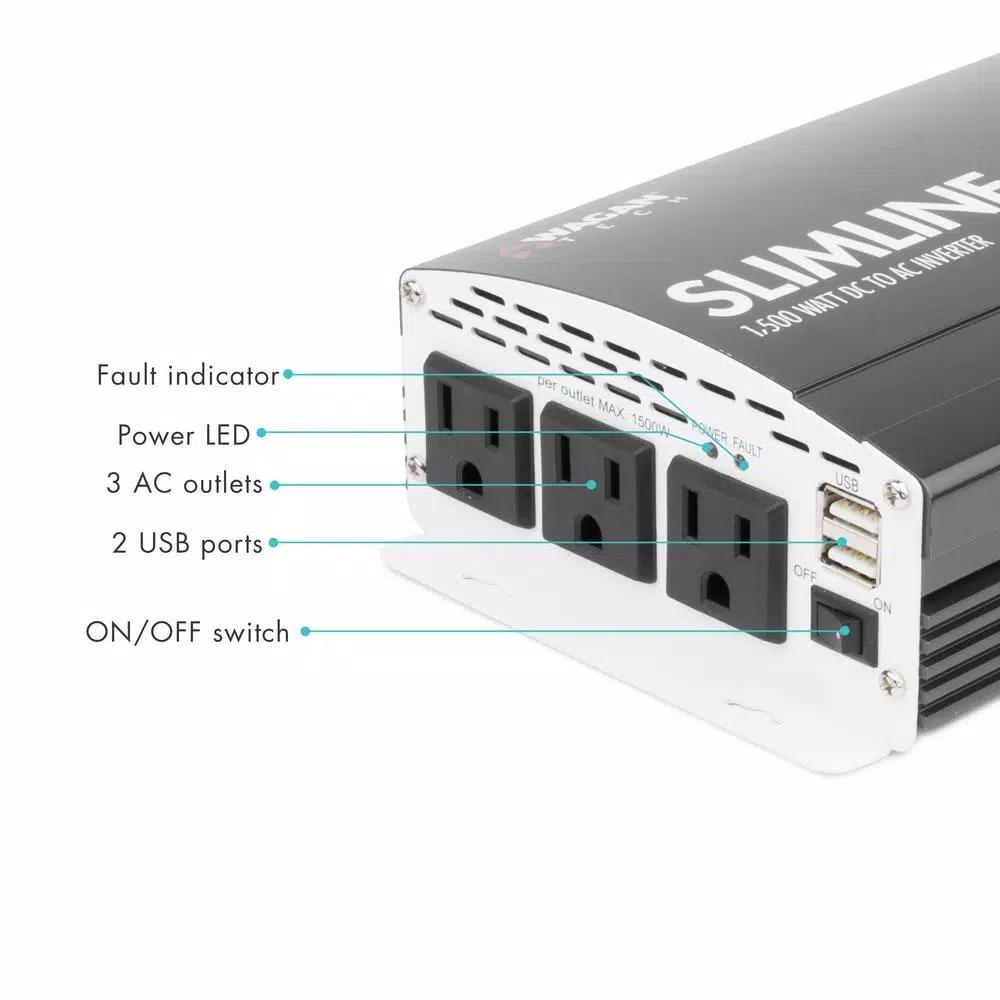 Wagan Tech Slimline 1500W Continuous / 3000W Surge AC Power Inverter