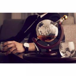 Godinger Globe Crystal Whiskey Decanter and 2-Piece DOF Glass Set with Mahogany Stained Tray thumbnail 3
