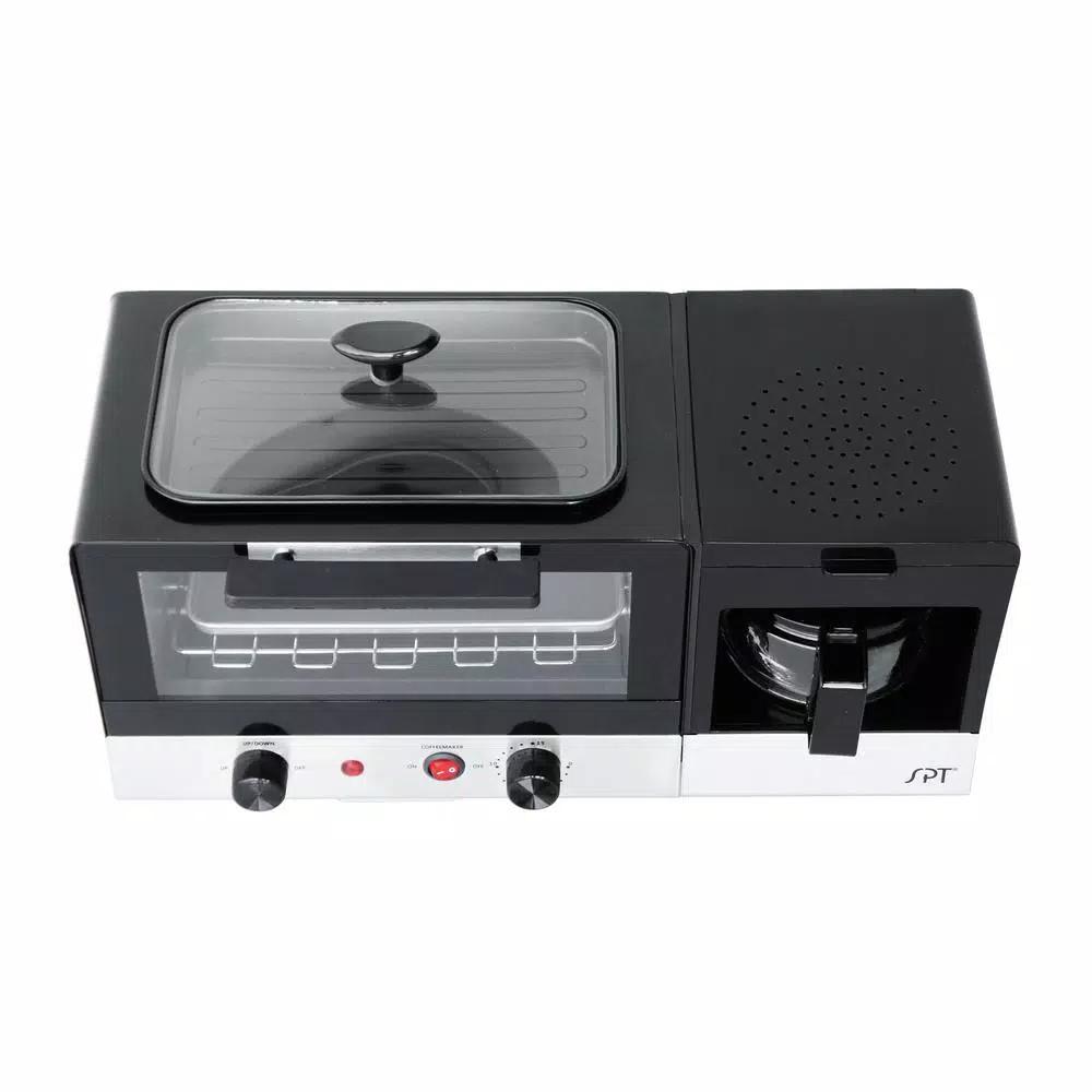 SPT 3-in-1 Breakfast Center 1450W Toaster Oven, Coffee Maker, and Griddle - Black and Stainless Steel