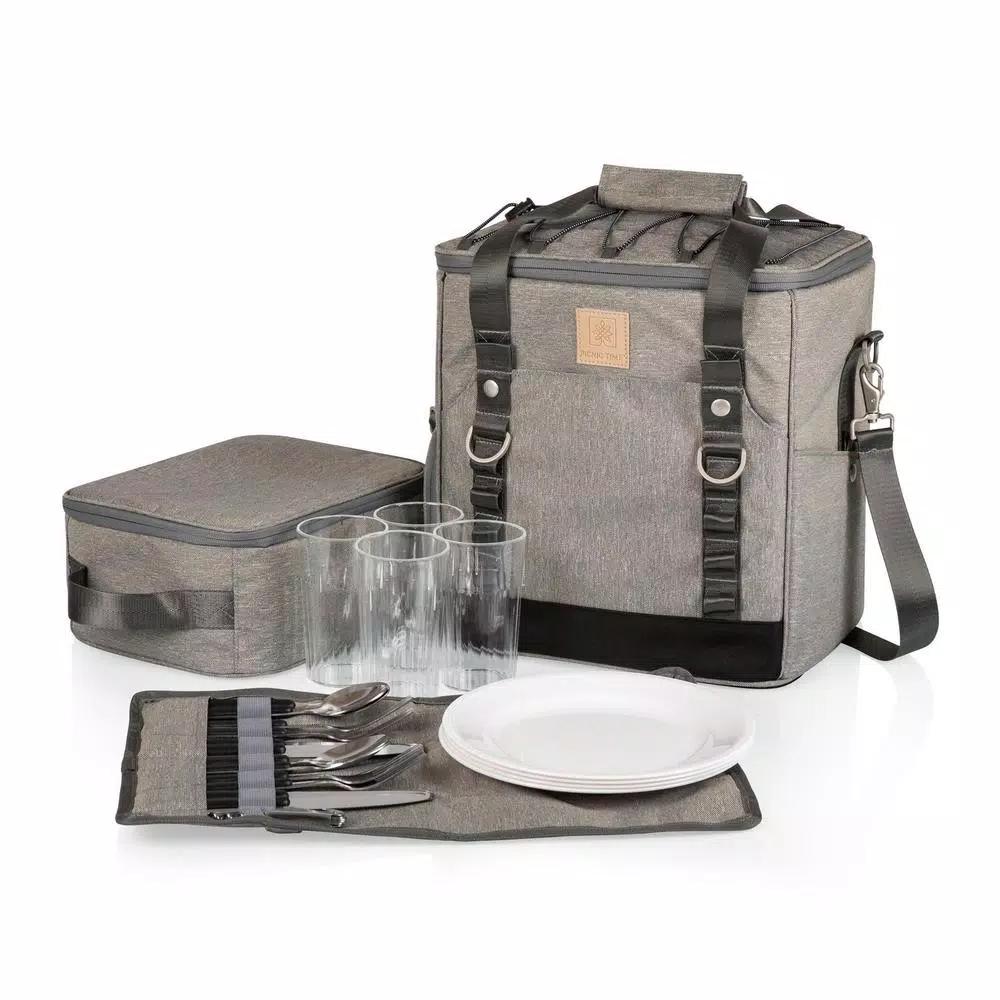 Picnic Time Frontier Heathered Gray Picnic Utility Cooler Bag with Meal Set for Four