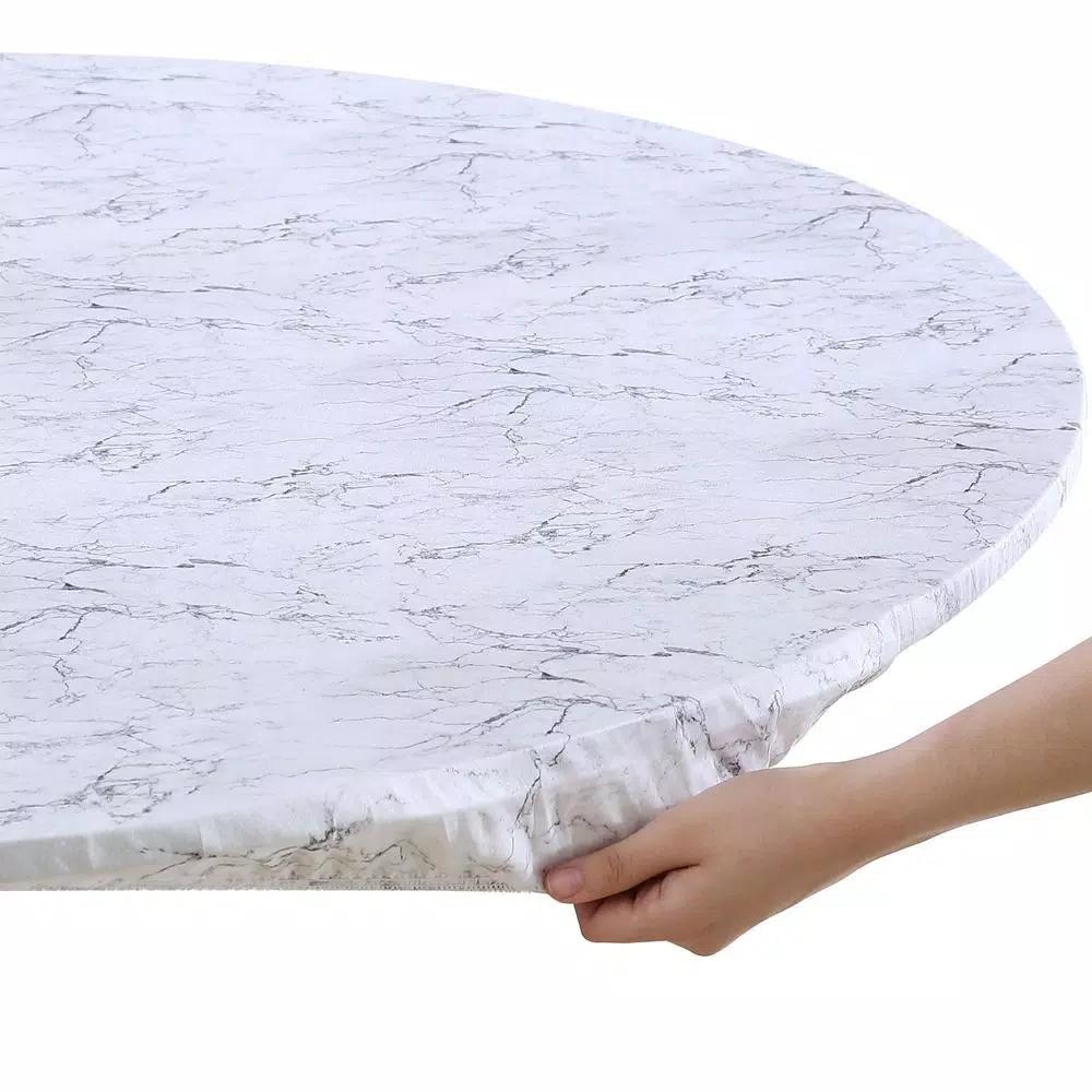 Brielle Home 48" White Marble Printed Cotton Fabric Fitted Table Cover