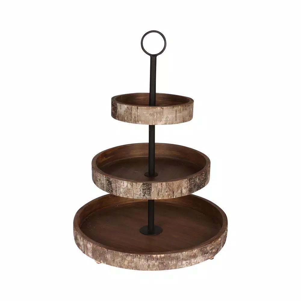 DesignOvation Rustic White Birch 3-Tiered Decorative Wood Tray - Farmhouse Style Organizer