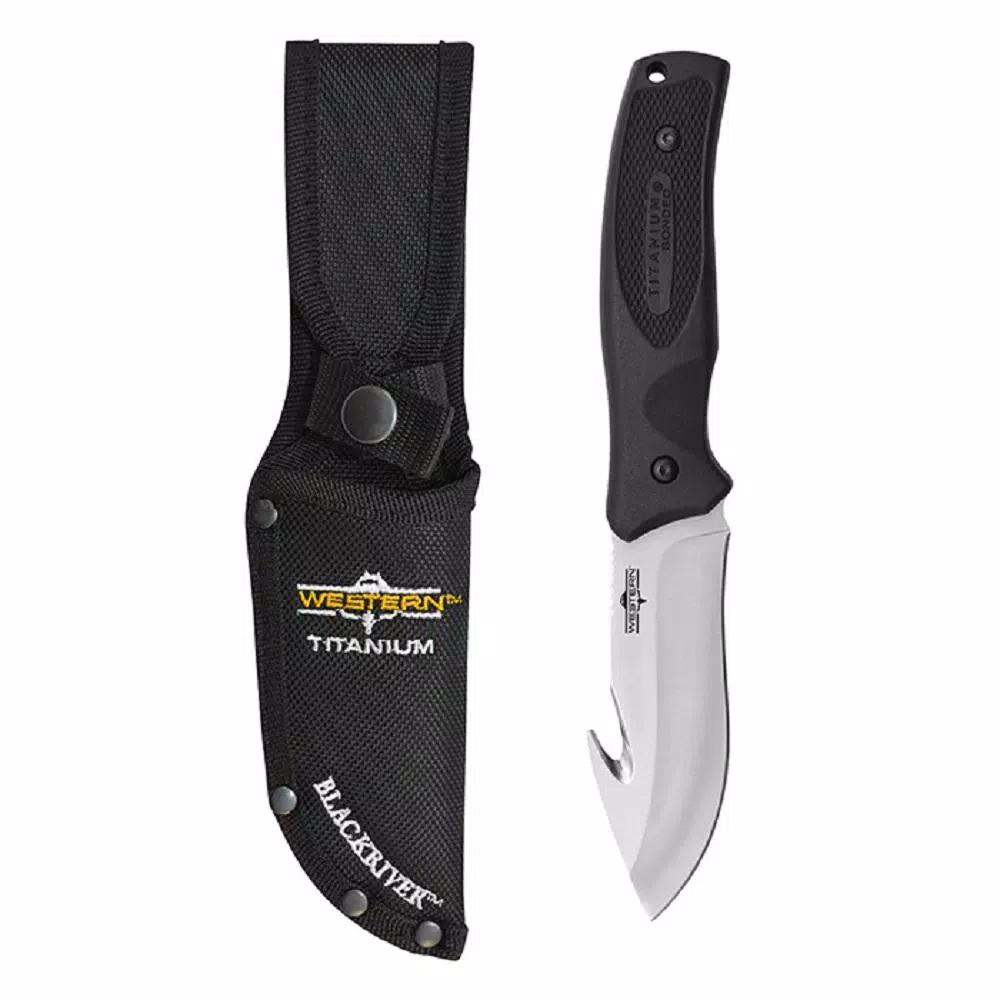 WESTERN BlackRiver 9.25 in. Titanium Bonded Gut Hook Fixed Blade Knife with G10 Handle and Sheath