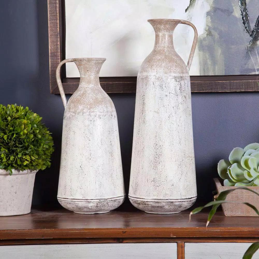 Winsome House 2-Piece White Metal Roma Pitcher Vase Set - Distressed Shabby Chic Urn Style