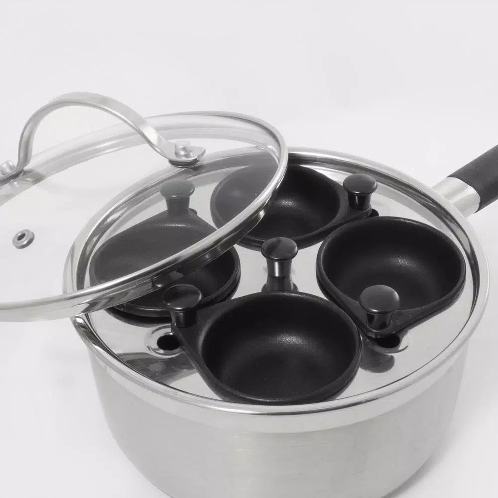 ExcelSteel Professional 4-Cup Stainless Steel Egg Poacher Set with Non-Stick Cups and Silicone Spatula
