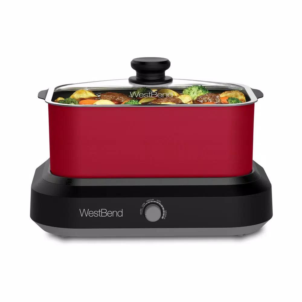 West Bend 5 Qt. Red Non-Stick Versatility Slow Cooker with Griddle Base, Travel Lid, and Thermal Tote