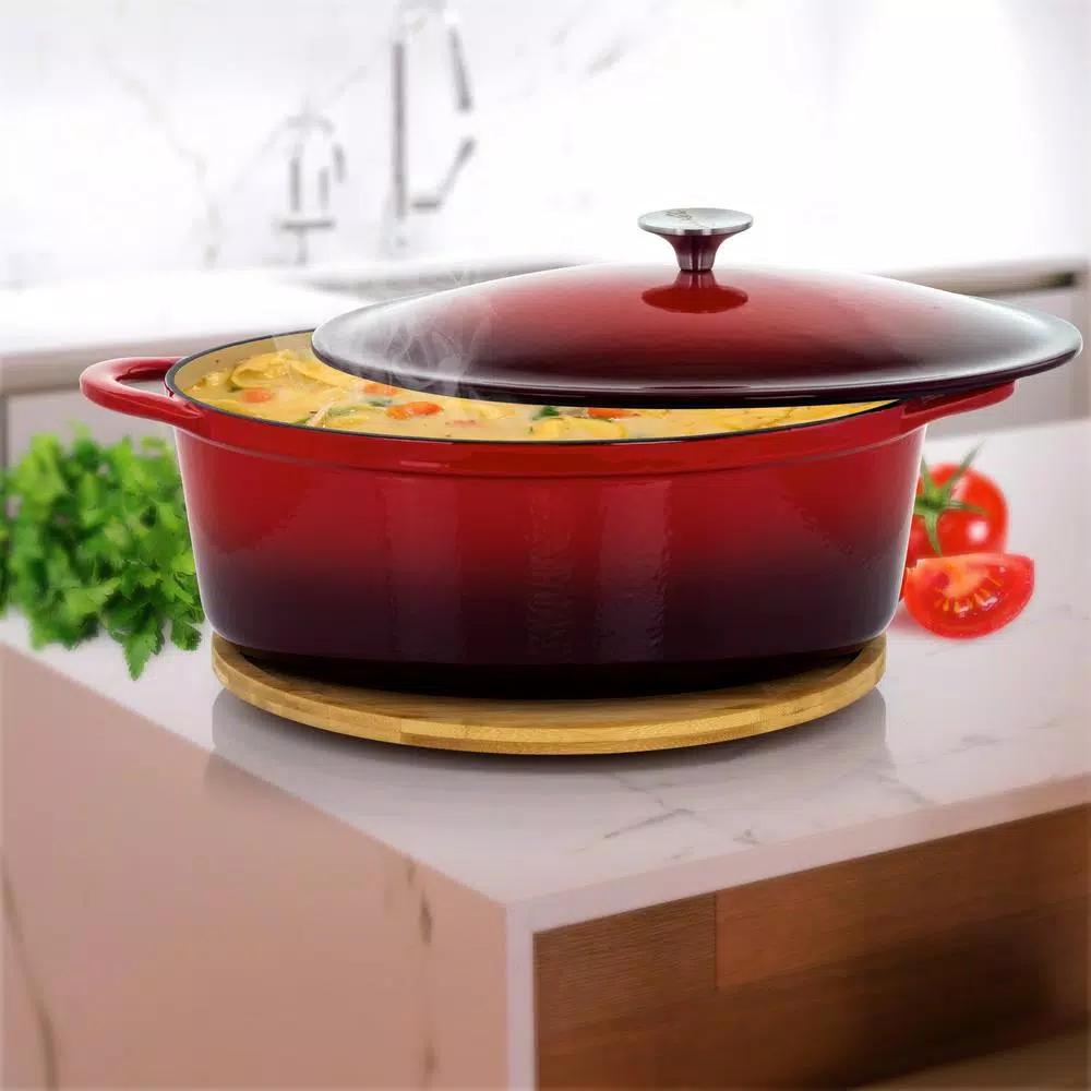 MegaChef 7 Qt. Oval Enameled Cast Iron Casserole Dish with Lid, Red