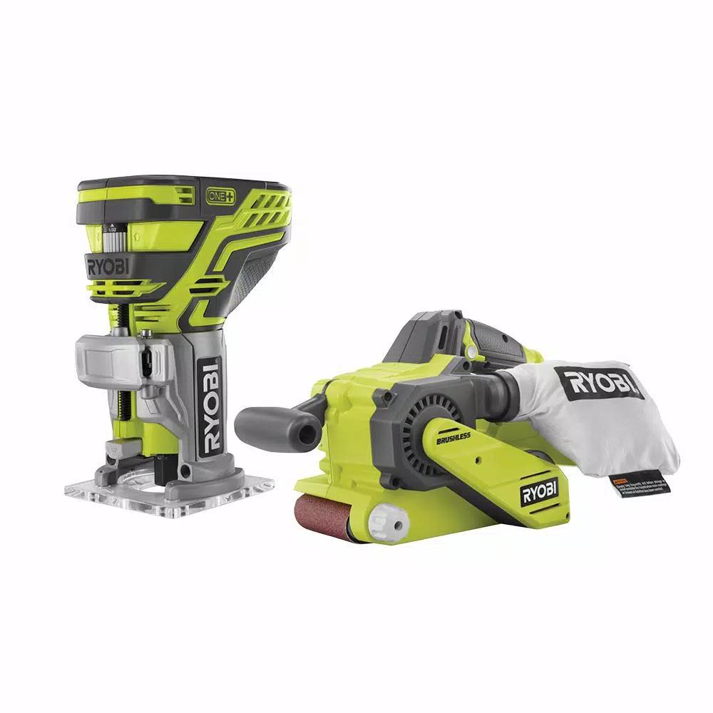 RYOBI 18V ONE+ Brushless 3 in. x 18 in. Belt Sander and Fixed Base Trim Router Combo Kit