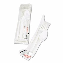 GEN White Wrapped Cutlery Kit with Napkin, Salt & Pepper - 250 Count Case thumbnail 2