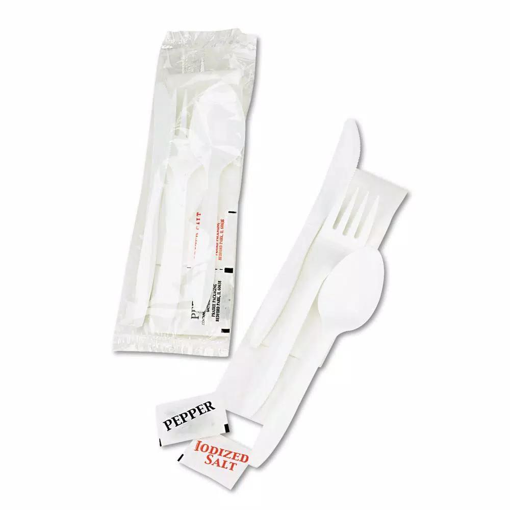 GEN White Wrapped Cutlery Kit with Napkin, Salt & Pepper - 250 Count Case