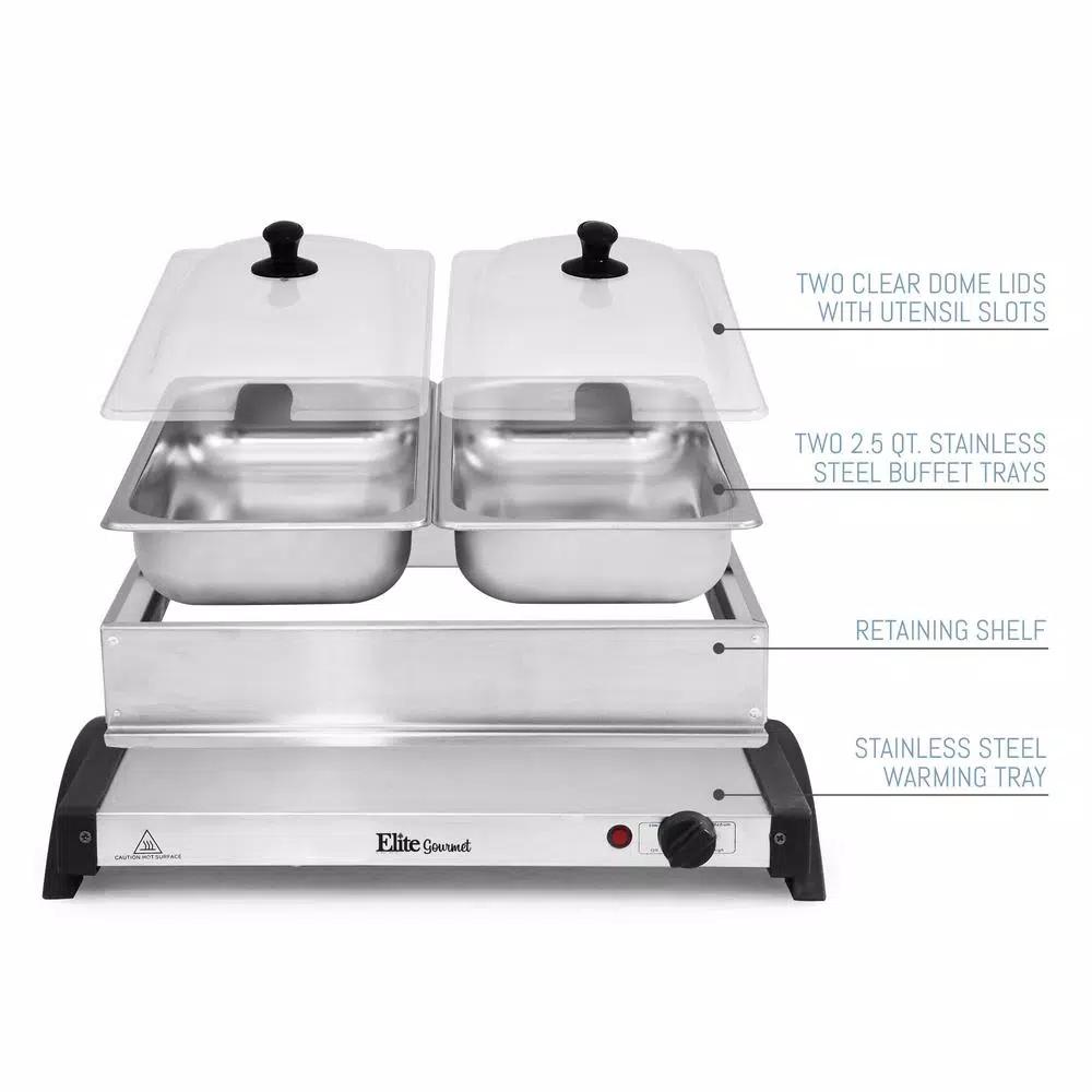Elite Gourmet 2.5 Qt. Stainless Steel Buffet Server with 2 Crocks and Warming Tray