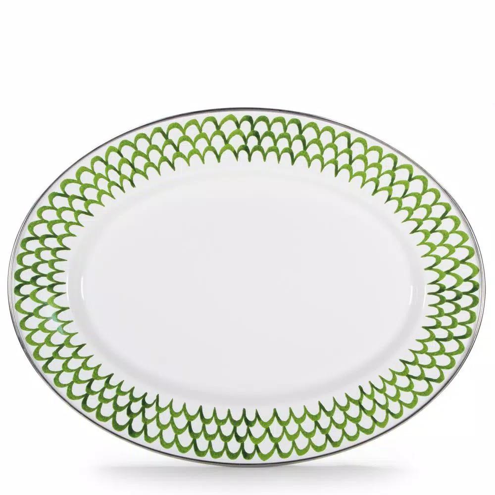 Golden Rabbit Green Scallops 12 x 16 in. Enamelware Oval Platter