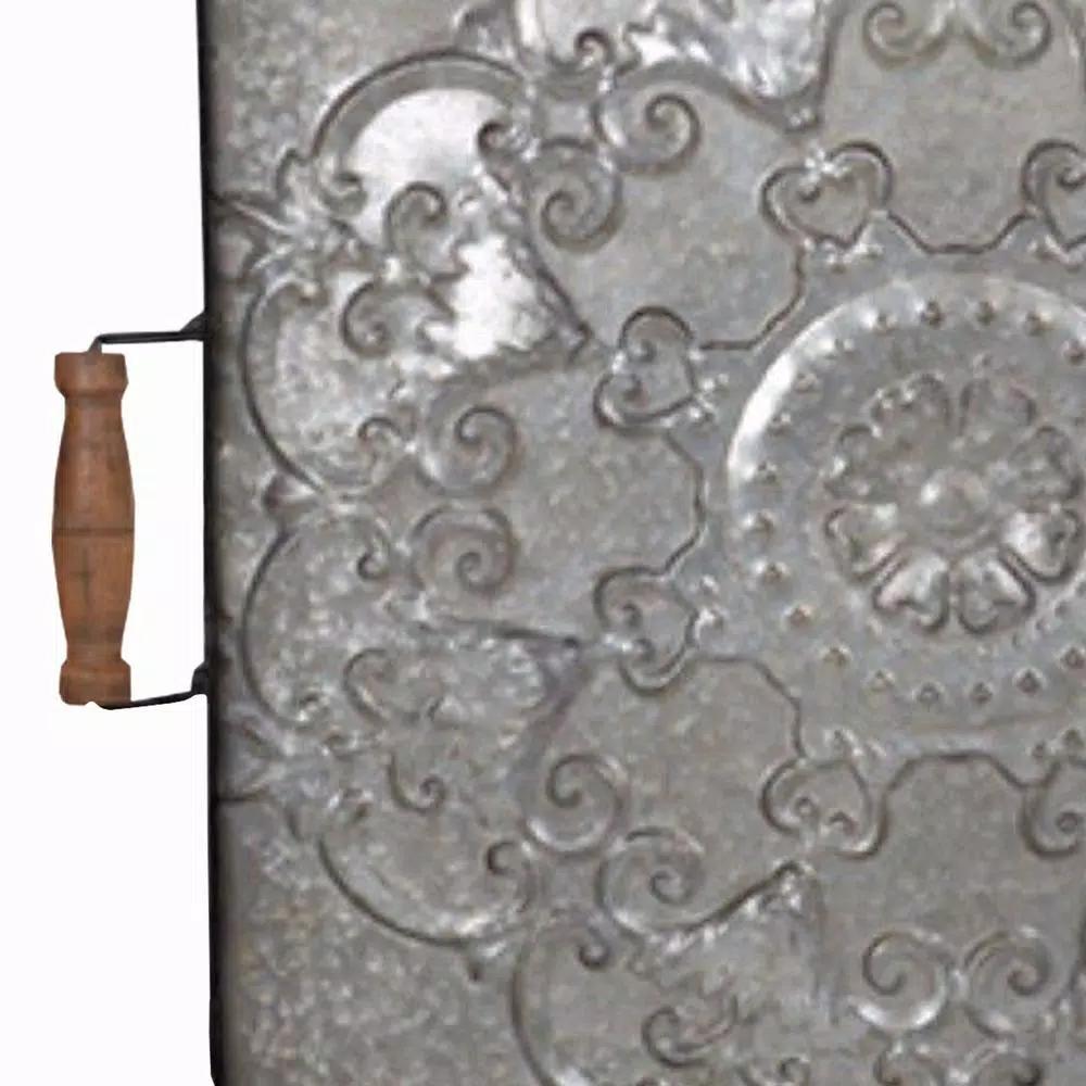 Benjara Ravello Square Gray Wood and Iron Decorative Tray with Floral Detail