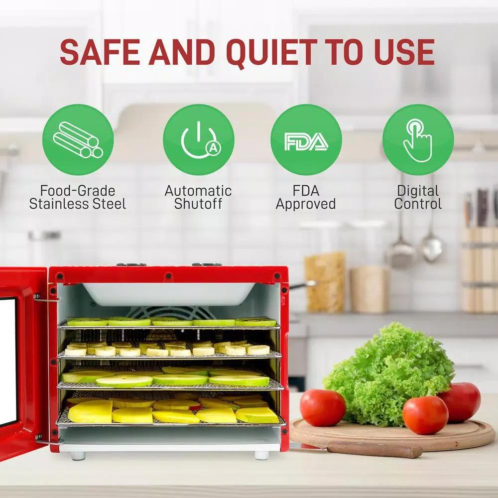 NutriChef 4-Tray Food Dehydrator Machine, 350W with Digital Timer and Temperature Control, Red
