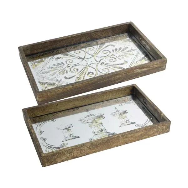 A & B Home Greta Rectangular Glass and Wood Natural Large Trays, Set of 2
