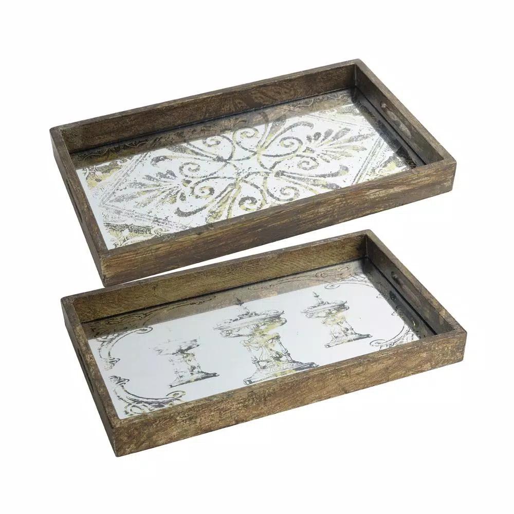 A & B Home Greta Rectangular Glass and Wood Natural Large Trays, Set of 2