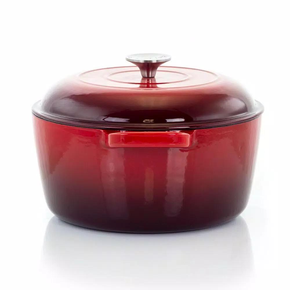 MegaChef 5 Qt. Round Enameled Cast Iron Casserole Dish with Lid, Red