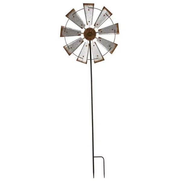 Glitzhome 69.4 in. Farmhouse Metal Galvanized Wind Spinner Yard Stake and Wall Decor