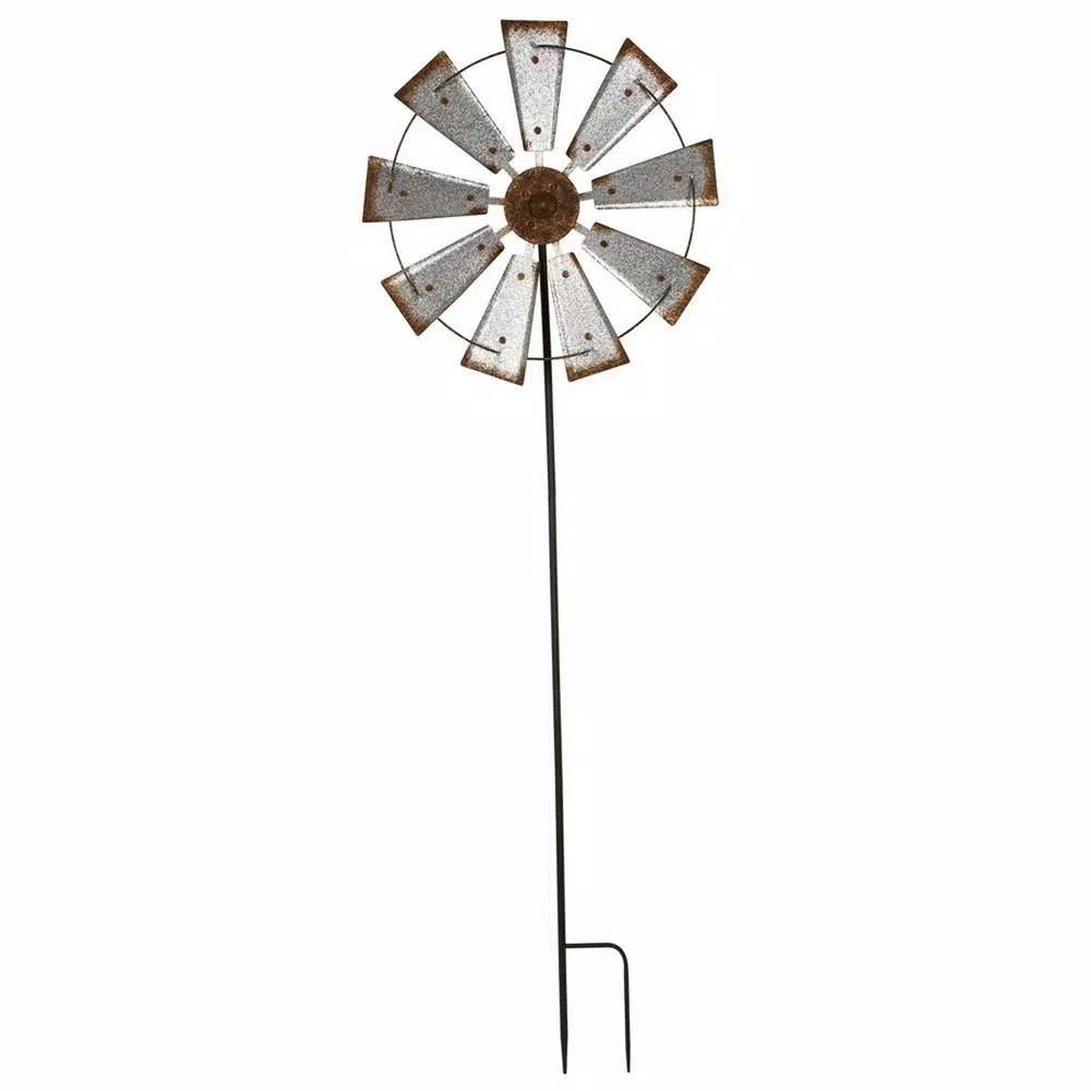 Glitzhome 69.4 in. Farmhouse Metal Galvanized Wind Spinner Yard Stake and Wall Decor